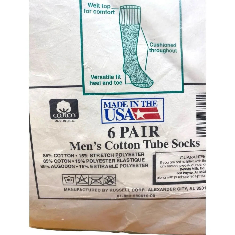 Men's True VTG Jerzees White Cotton Blend Tube Socks‎ 6 Pairs Shoe Size 9-14 NEW